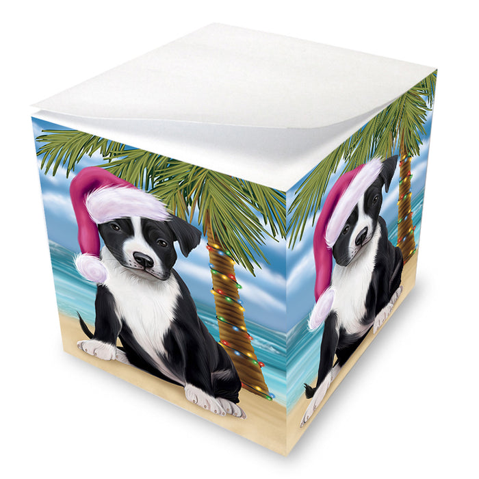Summertime Happy Holidays Christmas American Staffordshire Terrier Dog on Tropical Island Beach Note Cube NOC56045