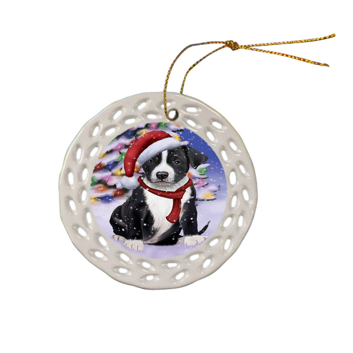 Winterland Wonderland American Staffordshire Terrier Dog In Christmas Holiday Scenic Background Ceramic Doily Ornament DPOR53725