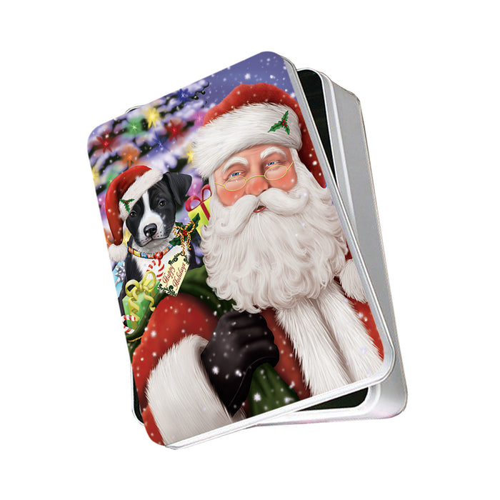 Santa Carrying American Staffordshire Terrier Dog and Christmas Presents Photo Storage Tin PITN53609