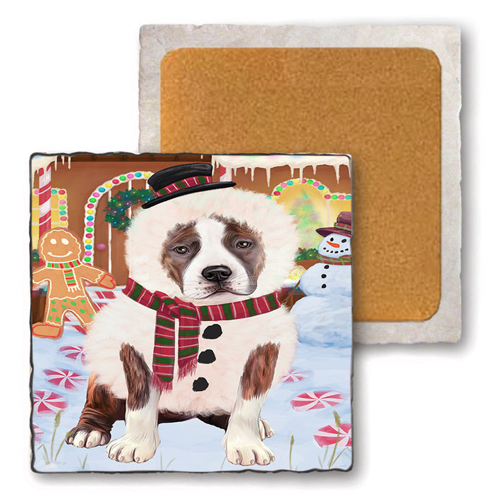 Christmas Gingerbread House Candyfest American Staffordshire Terrier Dog Set of 4 Natural Stone Marble Tile Coasters MCST51138