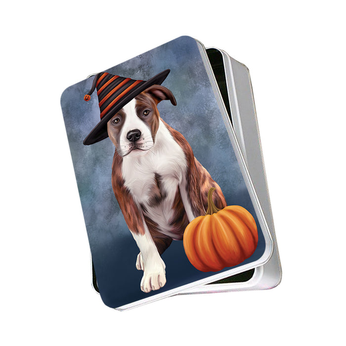 Happy Halloween American Staffordshire Terrier Dog Wearing Witch Hat with Pumpkin Photo Storage Tin PITN54654