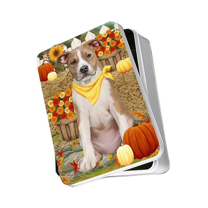 Fall Autumn Greeting American Staffordshire Terrier Dog with Pumpkins Photo Storage Tin PITN52297