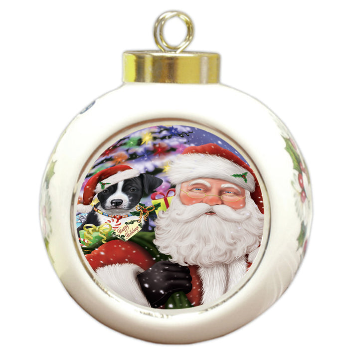 Santa Carrying American Staffordshire Terrier Dog and Christmas Presents Round Ball Christmas Ornament RBPOR53666