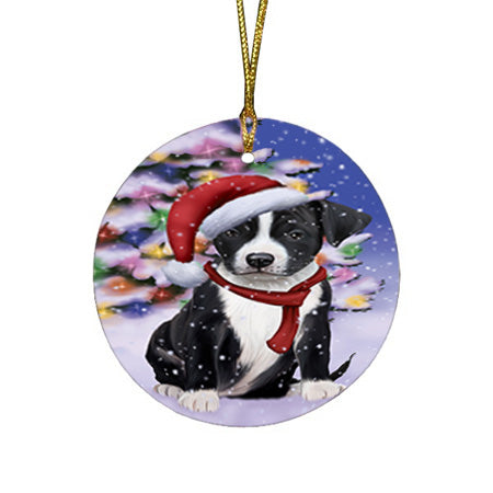 Winterland Wonderland American Staffordshire Terrier Dog In Christmas Holiday Scenic Background Round Flat Christmas Ornament RFPOR53716