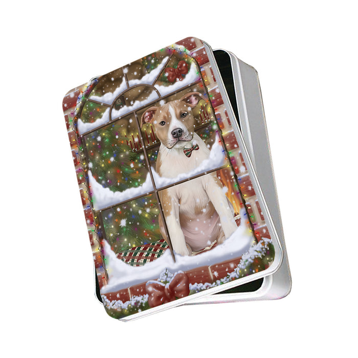Please Come Home For Christmas American Staffordshire Terrier Dog Sitting In Window Photo Storage Tin PITN57523