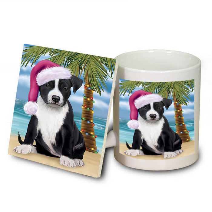 Summertime Happy Holidays Christmas American Staffordshire Terrier Dog on Tropical Island Beach Mug and Coaster Set MUC54391