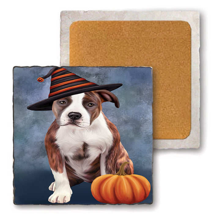 Happy Halloween American Staffordshire Terrier Dog Wearing Witch Hat with Pumpkin Set of 4 Natural Stone Marble Tile Coasters MCST49711