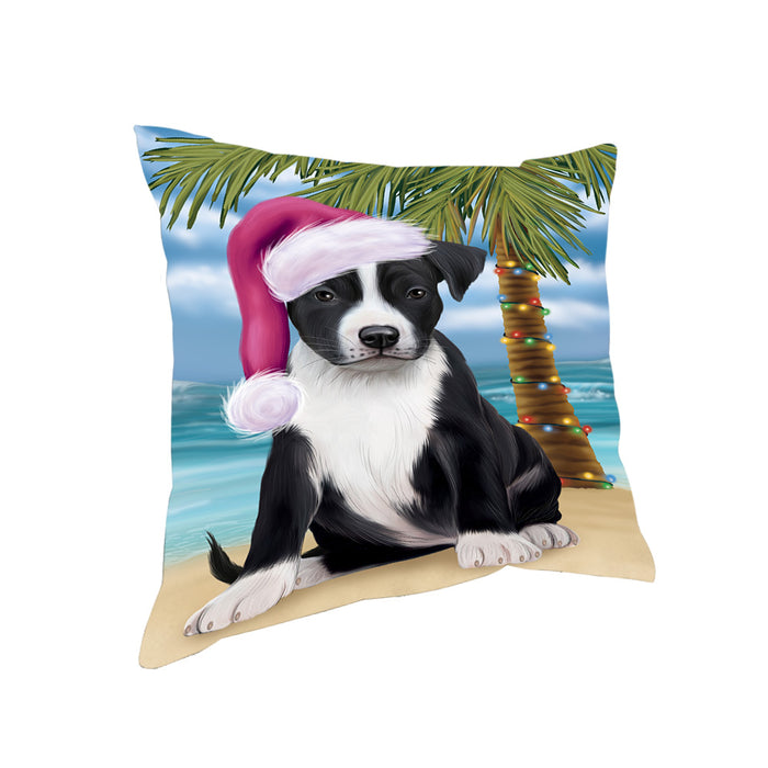 Summertime Happy Holidays Christmas American Staffordshire Terrier Dog on Tropical Island Beach Pillow PIL74732