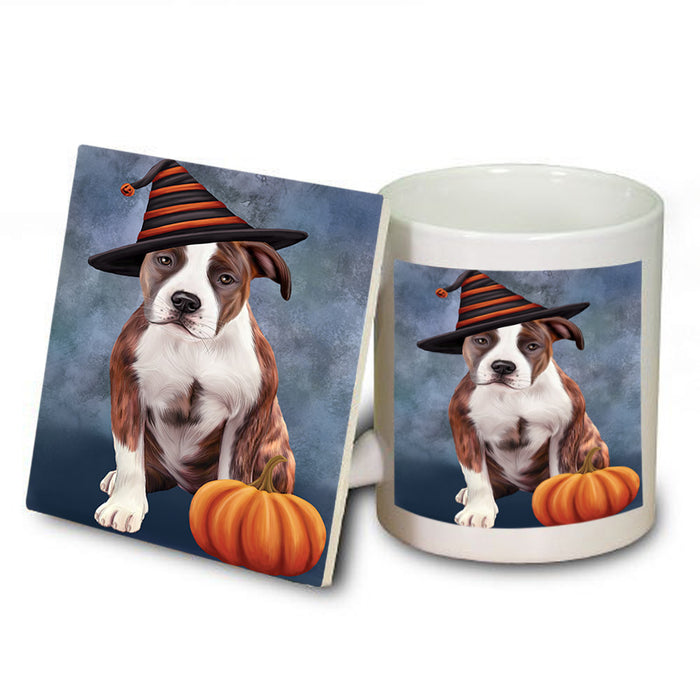 Happy Halloween American Staffordshire Terrier Dog Wearing Witch Hat with Pumpkin Mug and Coaster Set MUC54703
