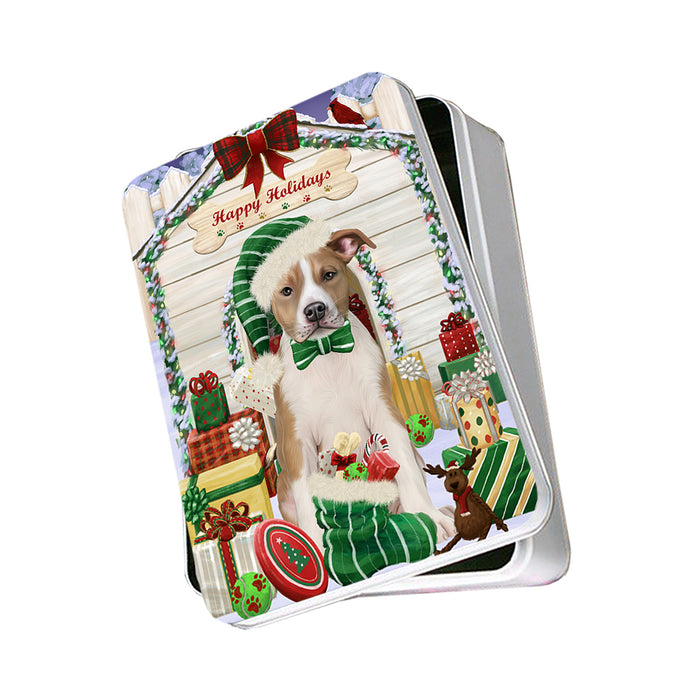 Happy Holidays Christmas American Staffordshire Terrier Dog With Presents Photo Storage Tin PITN52623