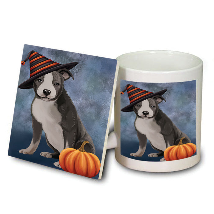 Happy Halloween American Staffordshire Terrier Dog Wearing Witch Hat with Pumpkin Mug and Coaster Set MUC54848