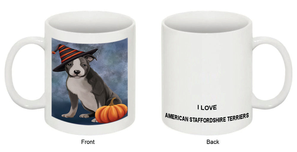 Happy Halloween American Staffordshire Terrier Dog Wearing Witch Hat with Pumpkin Coffee Mug MUG50254