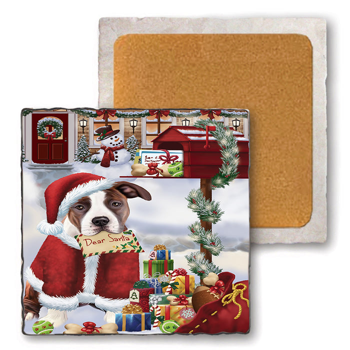 American Staffordshire Terrier Dog Dear Santa Letter Christmas Holiday Mailbox Set of 4 Natural Stone Marble Tile Coasters MCST48516