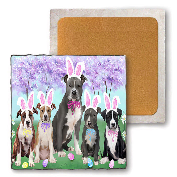 Easter Holiday American Staffordshire Terriers Dog Set of 4 Natural Stone Marble Tile Coasters MCST51864