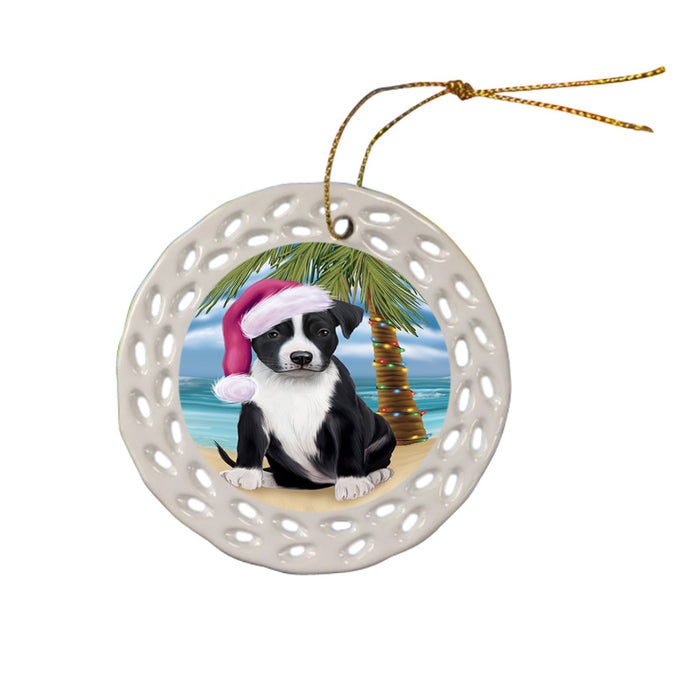 Summertime Happy Holidays Christmas American Staffordshire Terrier Dog on Tropical Island Beach Ceramic Doily Ornament DPOR54527