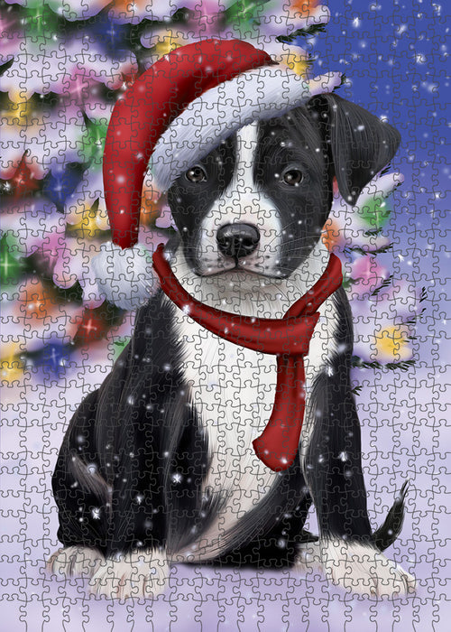 Winterland Wonderland American Staffordshire Terrier Dog In Christmas Holiday Scenic Background Puzzle with Photo Tin PUZL82056