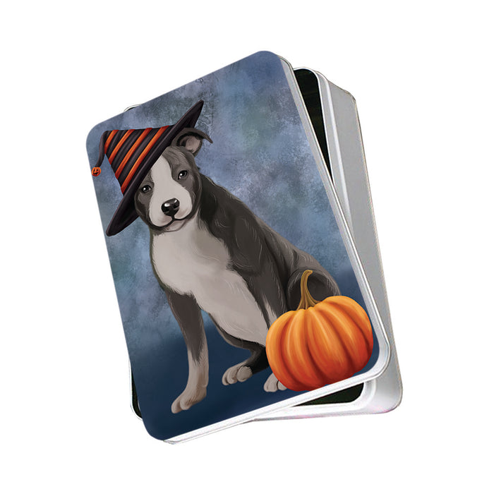 Happy Halloween American Staffordshire Terrier Dog Wearing Witch Hat with Pumpkin Photo Storage Tin PITN54799