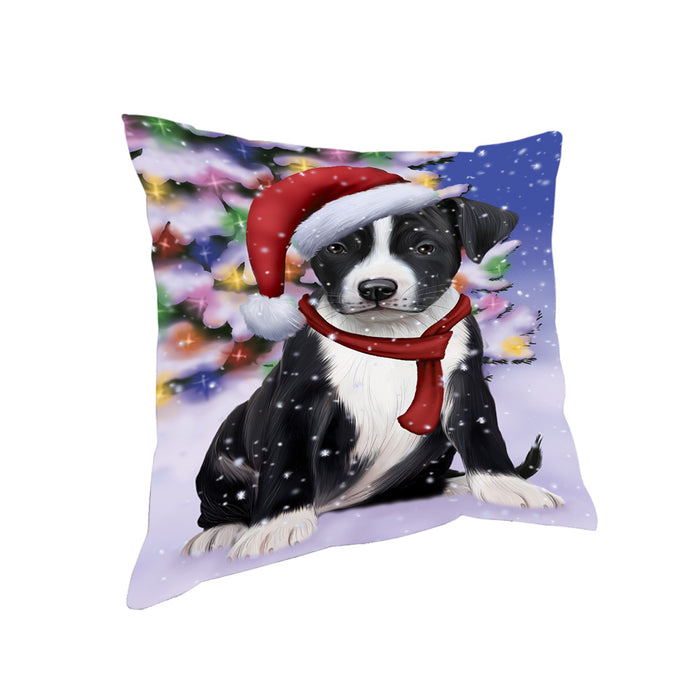 Winterland Wonderland American Staffordshire Terrier Dog In Christmas Holiday Scenic Background Pillow PIL71524