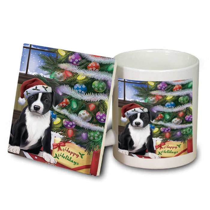 Christmas Happy Holidays American Staffordshire Terrier Dog with Tree and Presents Mug and Coaster Set MUC53427