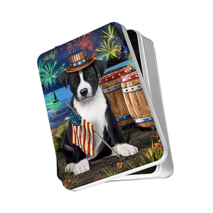 4th of July Independence Day Fireworks American Staffordshire Terrier Dog at the Lake Photo Storage Tin PITN51074
