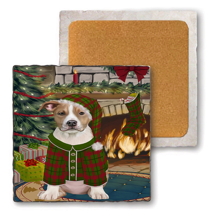 The Stocking was Hung American Staffordshire Terrier Dog Set of 4 Natural Stone Marble Tile Coasters MCST50165