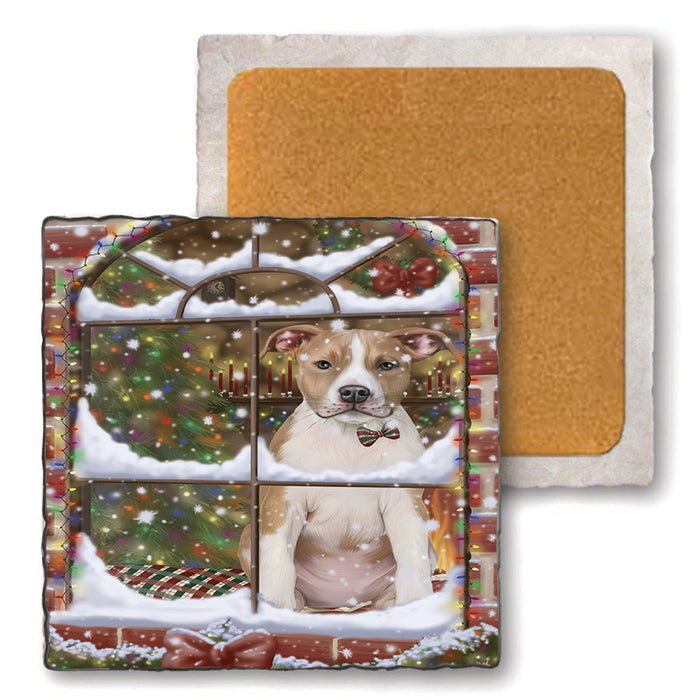 Please Come Home For Christmas American Staffordshire Terrier Dog Sitting In Window Set of 4 Natural Stone Marble Tile Coasters MCST48609