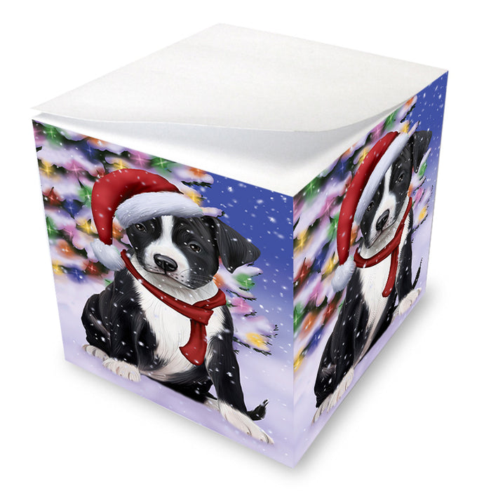 Winterland Wonderland American Staffordshire Terrier Dog In Christmas Holiday Scenic Background Note Cube NOC55371