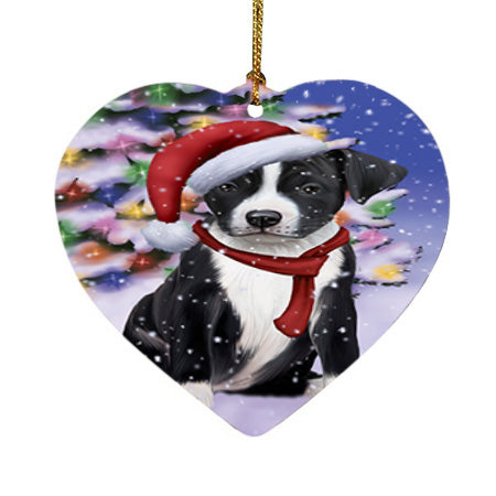 Winterland Wonderland American Staffordshire Terrier Dog In Christmas Holiday Scenic Background Heart Christmas Ornament HPOR53725