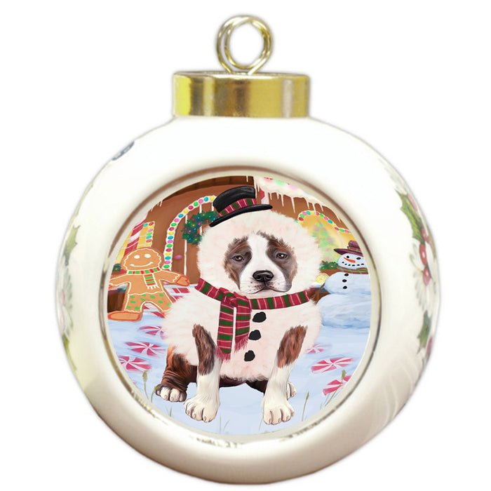 Christmas Gingerbread House Candyfest American Staffordshire Terrier Dog Round Ball Christmas Ornament RBPOR56494