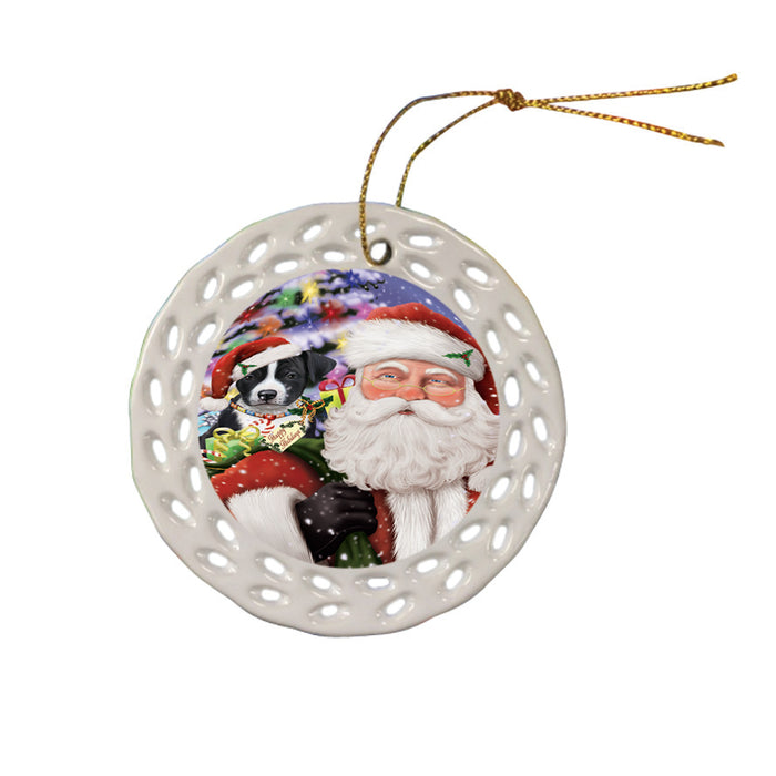 Santa Carrying American Staffordshire Terrier Dog and Christmas Presents Ceramic Doily Ornament DPOR53666