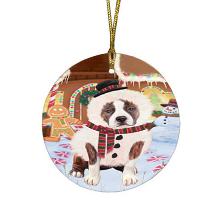 Christmas Gingerbread House Candyfest American Staffordshire Terrier Dog Round Flat Christmas Ornament RFPOR56494
