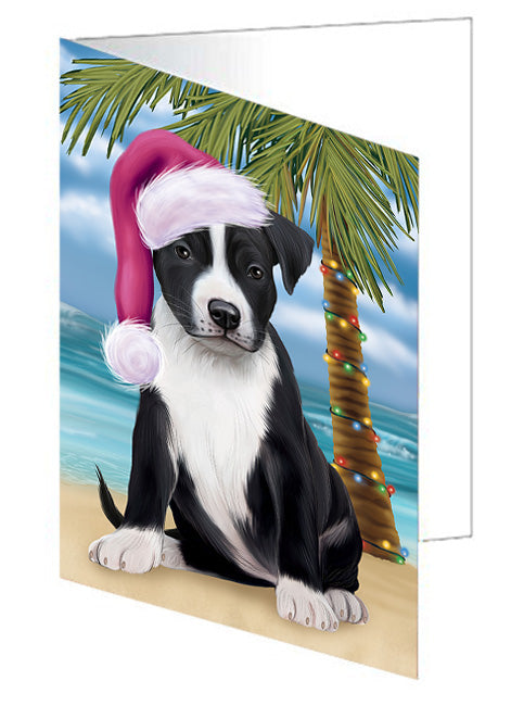 Summertime Happy Holidays Christmas American Staffordshire Terrier Dog on Tropical Island Beach Handmade Artwork Assorted Pets Greeting Cards and Note Cards with Envelopes for All Occasions and Holiday Seasons GCD67610