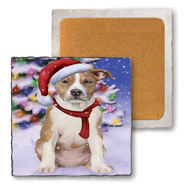 Winterland Wonderland American Staffordshire Terrier Dog In Christmas Holiday Scenic Background Set of 4 Natural Stone Marble Tile Coasters MCST48726
