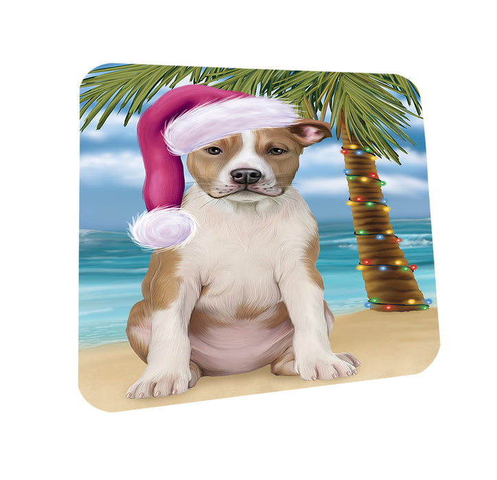 Summertime Happy Holidays Christmas American Staffordshire Terrier Dog on Tropical Island Beach Coasters Set of 4 CST54358