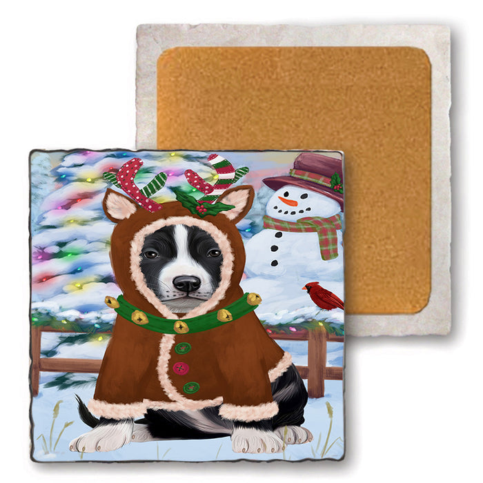 Christmas Gingerbread House Candyfest American Staffordshire Terrier Dog Set of 4 Natural Stone Marble Tile Coasters MCST51139