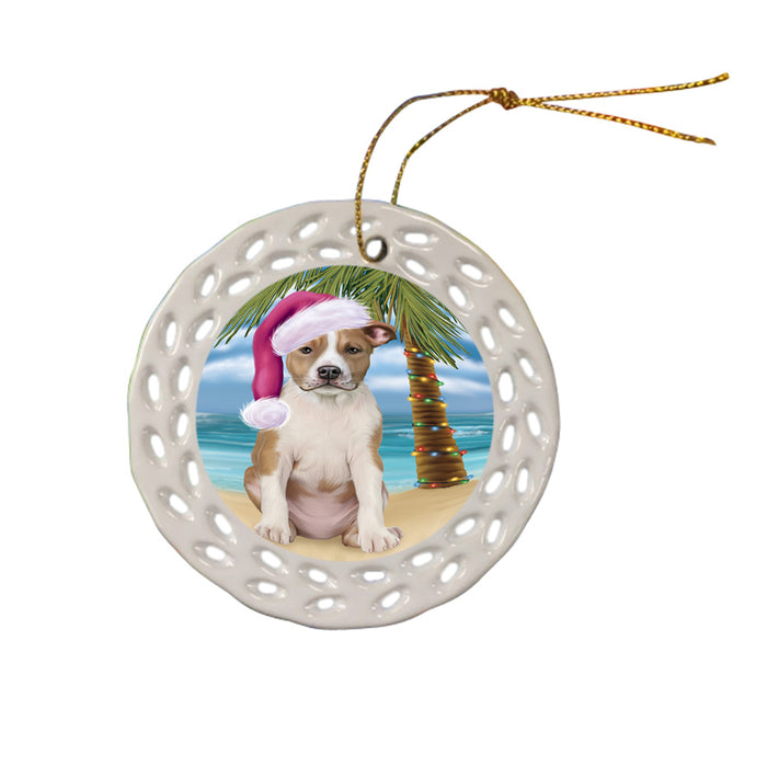 Summertime Happy Holidays Christmas American Staffordshire Terrier Dog on Tropical Island Beach Ceramic Doily Ornament DPOR54528
