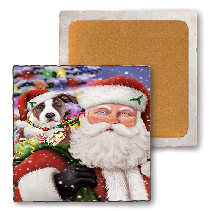 Santa Carrying American Staffordshire Terrier Dog and Christmas Presents Set of 4 Natural Stone Marble Tile Coasters MCST48667