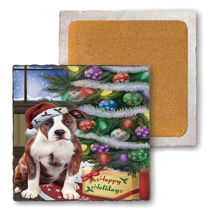 Christmas Happy Holidays American Staffordshire Terrier Dog with Tree and Presents Set of 4 Natural Stone Marble Tile Coasters MCST48436