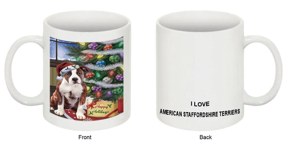Christmas Happy Holidays American Staffordshire Terrier Dog with Tree and Presents Coffee Mug MUG48834