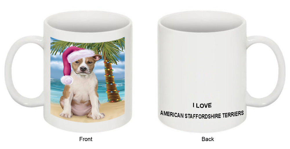 Summertime Happy Holidays Christmas American Staffordshire Terrier Dog on Tropical Island Beach Coffee Mug MUG49798
