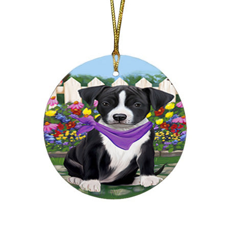 Spring Floral American Staffordshire Terrier Dog Round Flat Christmas Ornament RFPOR52218