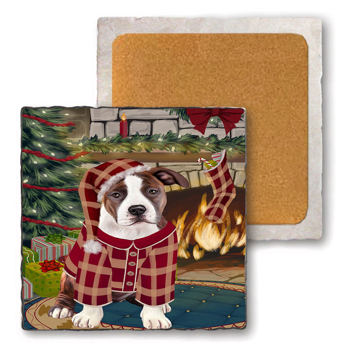 The Stocking was Hung American Staffordshire Terrier Dog Set of 4 Natural Stone Marble Tile Coasters MCST50166