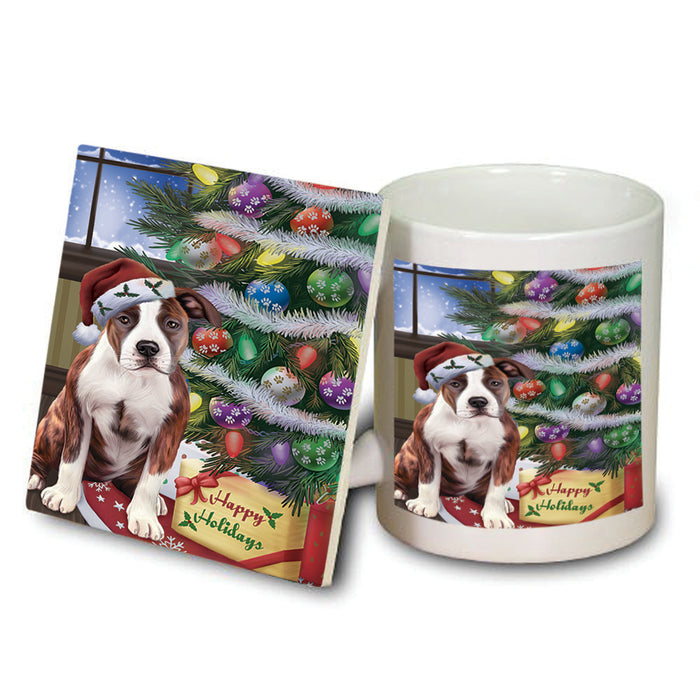 Christmas Happy Holidays American Staffordshire Terrier Dog with Tree and Presents Mug and Coaster Set MUC53428