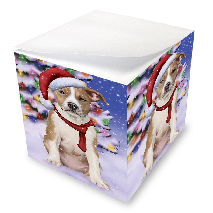 Winterland Wonderland American Staffordshire Terrier Dog In Christmas Holiday Scenic Background Note Cube NOC55372