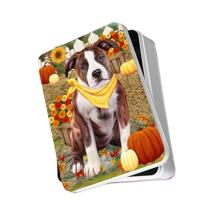 Fall Autumn Greeting American Staffordshire Terrier Dog with Pumpkins Photo Storage Tin PITN52298