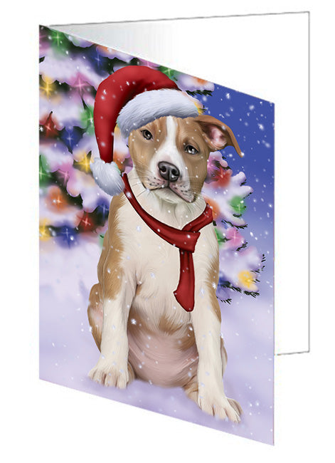 Winterland Wonderland American Staffordshire Terrier Dog In Christmas Holiday Scenic Background Handmade Artwork Assorted Pets Greeting Cards and Note Cards with Envelopes for All Occasions and Holiday Seasons GCD65207