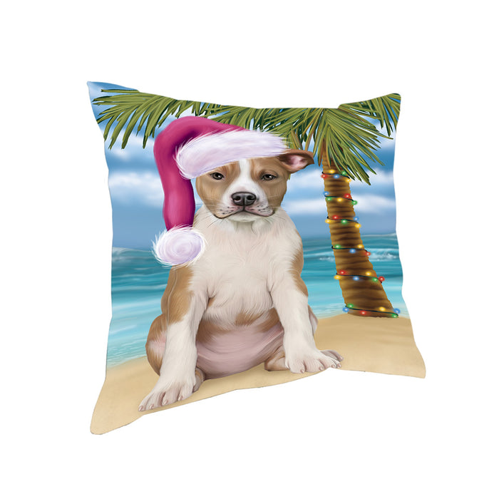Summertime Happy Holidays Christmas American Staffordshire Terrier Dog on Tropical Island Beach Pillow PIL74736