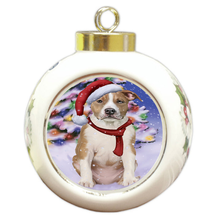 Winterland Wonderland American Staffordshire Terrier Dog In Christmas Holiday Scenic Background Round Ball Christmas Ornament RBPOR53726