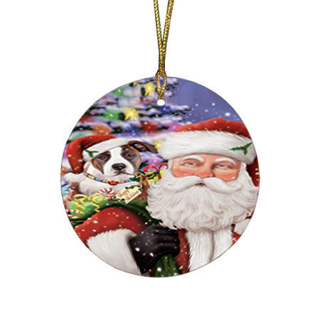 Santa Carrying American Staffordshire Terrier Dog and Christmas Presents Round Flat Christmas Ornament RFPOR53658