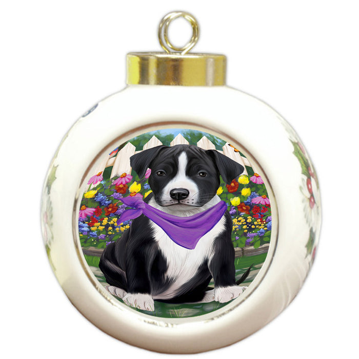 Spring Floral American Staffordshire Terrier Dog Round Ball Christmas Ornament RBPOR52227